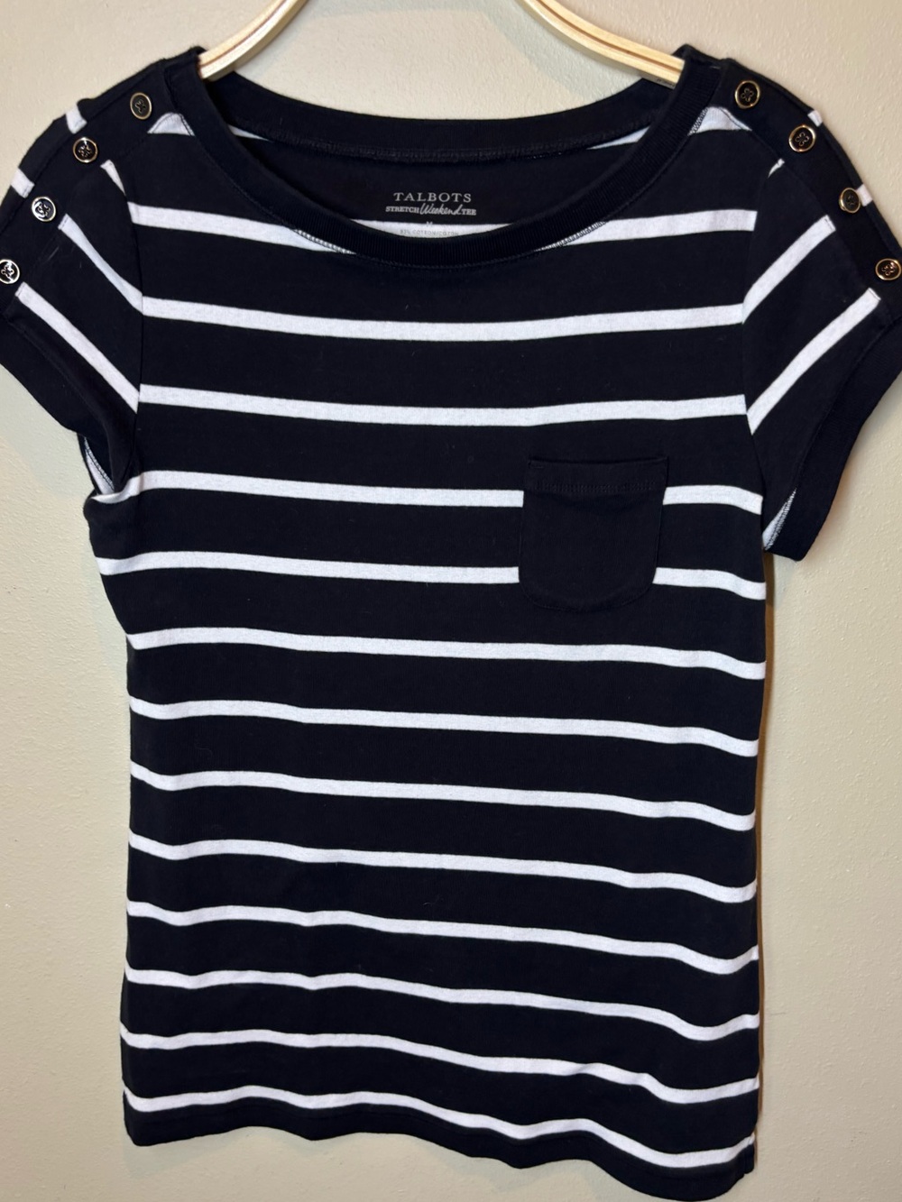 Talbots Black & White Stripe Pocket Cap Sleeve Tee, medium